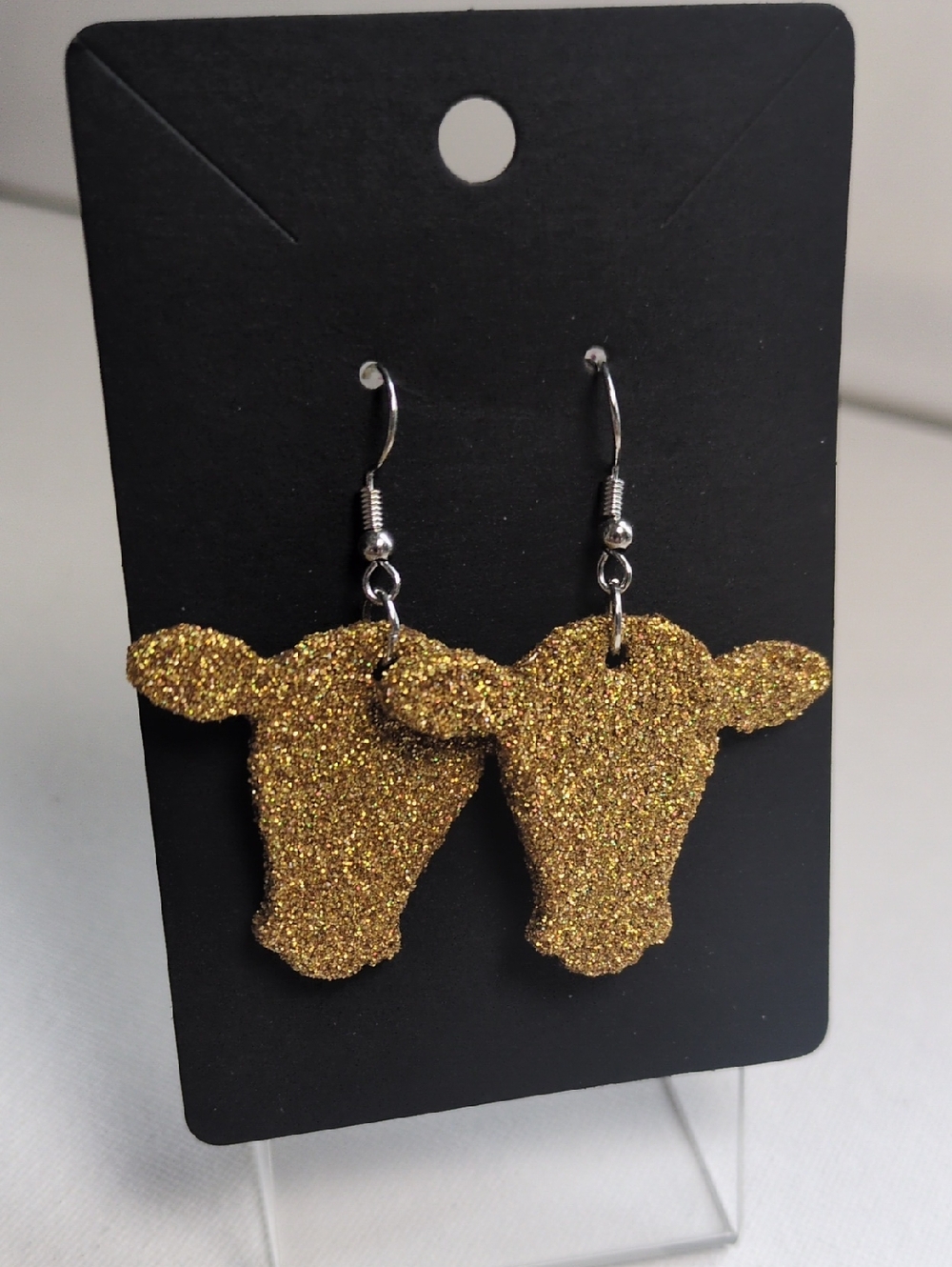 Gold Glitter Cow Head Dangle Earrings